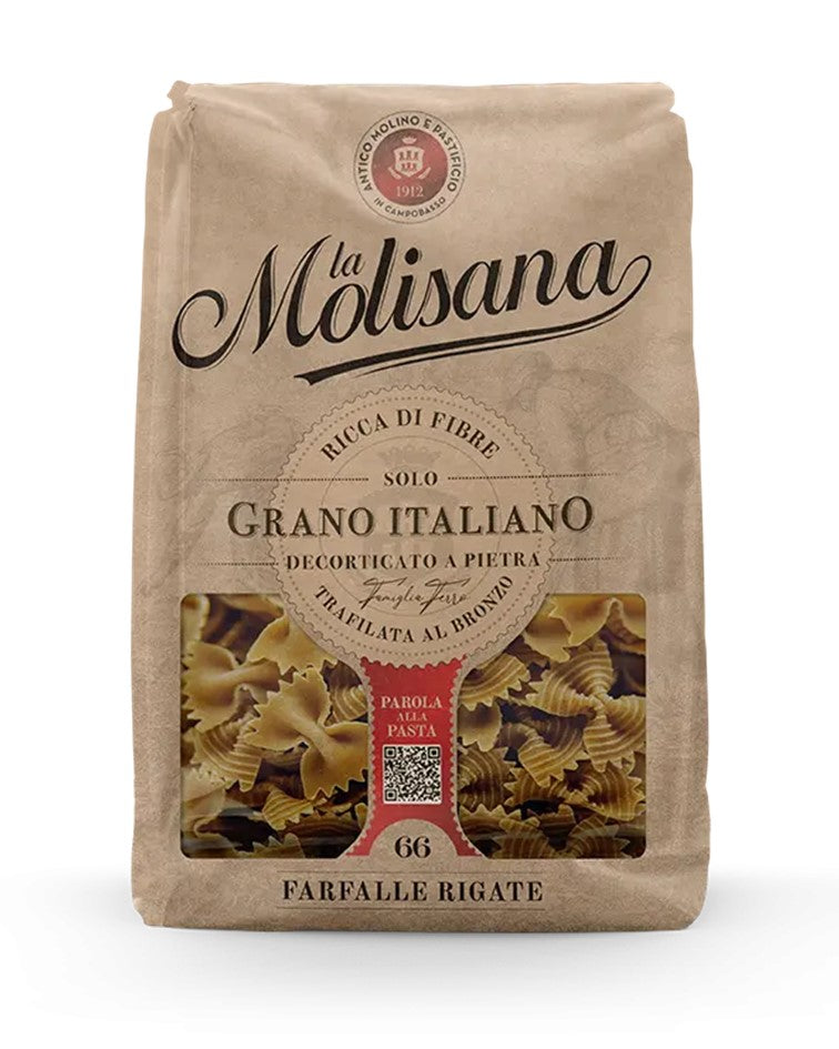 La Molisana Wholemeal Pasta "Bronze-Cut" Farfalle Rigate n.66 - 100% Italian Wheat 500g